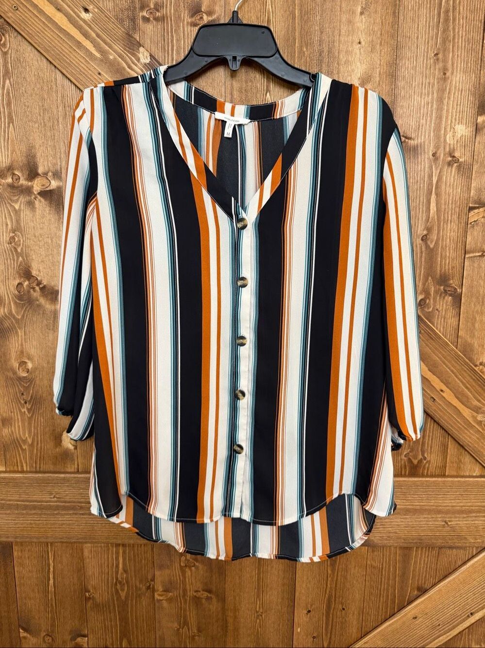 Maurices Women’s Medium Striped Button Front 3/4 Sleeve Blouse Black Orange Teal